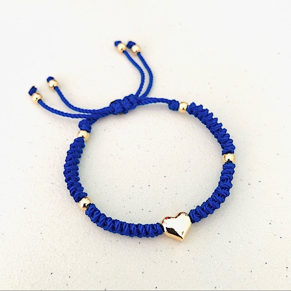 Stainless Steel Golden Puffed Heart Adjustable Macrame Bracelet Blue